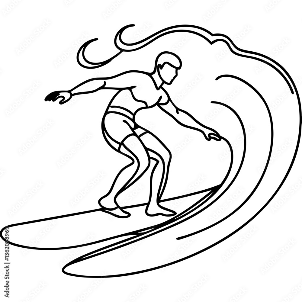 Fototapeta premium Surfer line art, dynamic pose, riding wave, black and white illustration