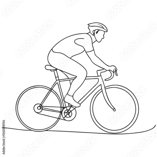 Continuous line drawing of a cyclist racing on a bicycle  