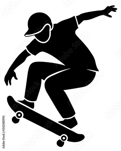 Skateboarder performing a trick in a dynamic silhouette style  