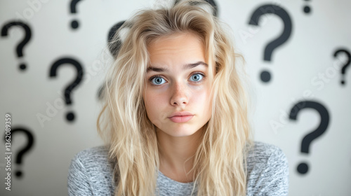 Jeune femme perplexe entourée de points d'interrogation
