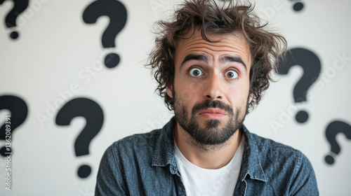 Homme choqué avec cheveux bouclés et expression surprise, fond points d’interrogation