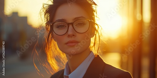 Cinematic shot of a confident woman in cat-eye glasses and a business suit, stylish golden-hour background