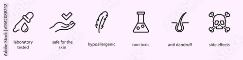 Hypoallergenic, non toxic, anti dandruff, side effects, safe for the skin, laboratory tested. Organic cosmetic line icons set. Organic skin care components or labels.