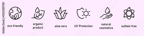 Organic skin care components or labels. Organic cosmetic line icons set. Aloe vera, eco friendly, organic product, uv protection, natural cosmetics, sulfate free.