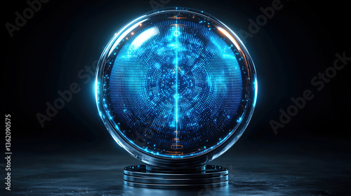 Spherical light display showcasing intricate blue patterns in a dark environment