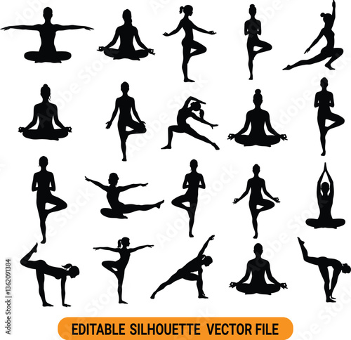 Yoga Silhouette Poses - Fitness and Exercise Vector Illustration