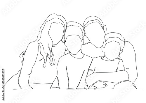 continuous one line drawing of mother father and child