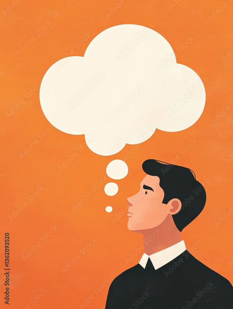 Flat-style illustration of a man with a thinking bubble above his head. Ideal for brainstorming, creativity, and thought-related content. Simple and engaging design, perfect for business and Flat-style illustration of a man with a thinking bubble above his head. Ideal for brainstorming, creativity, and thought-related content. Simple and engaging design, perfect for business and