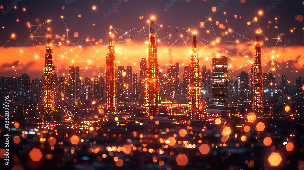 Fototapeta premium City skyline illuminated by glowing buildings and network connections during twilight