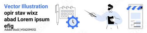 Calendar with clock, pen, and gear beside a man analyzing data on clipboard, pointing at a chart, next to an online storefront icon. Ideal for time management, scheduling, business planning