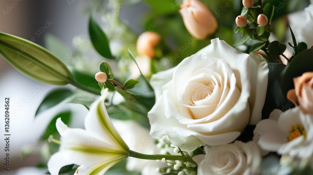 Obraz premium Beautiful floral arrangement featuring white roses and lilies on a soft background