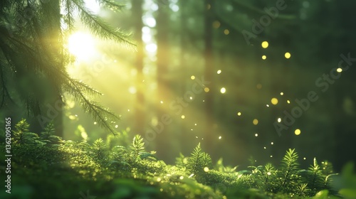 A serene forest scene illuminated by sunlight, with beams piercing through trees, creating a magical atmosphere filled with floating particles.