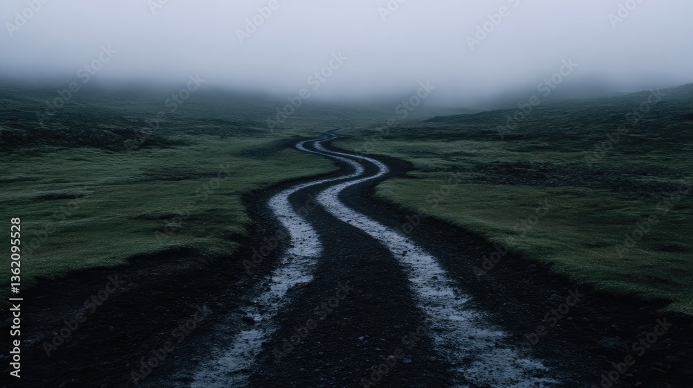 Winding mountain road through misty landscape Winding mountain road through misty landscape