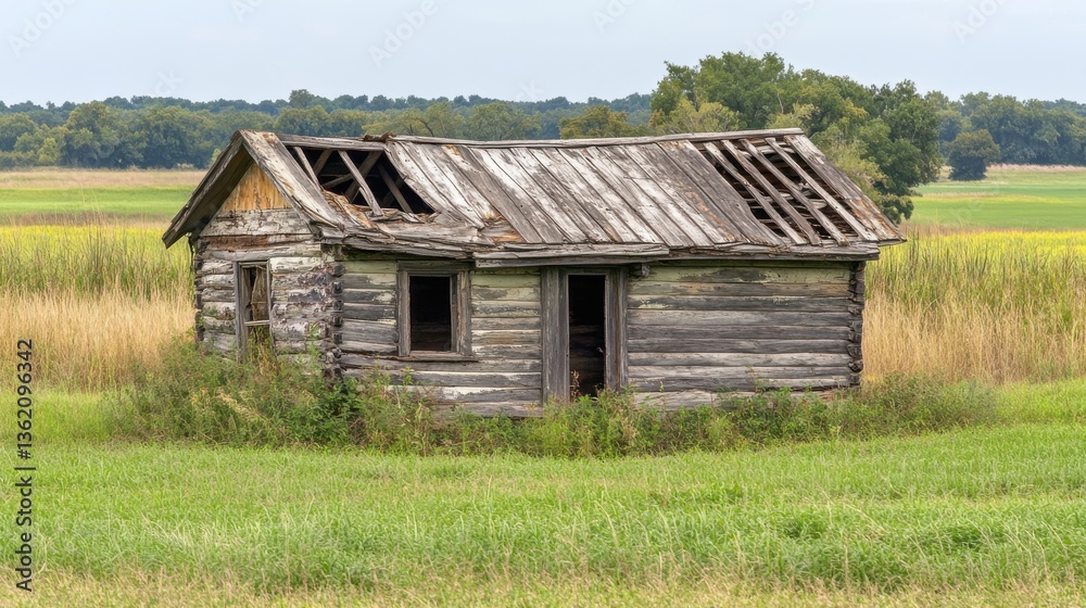 Obraz premium Abandoned wooden cabin in a lush green field under a cloudy sky
