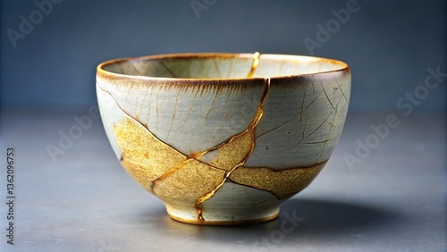 Close-up image of wabi sabi cup repaired with kintsugi technique emphasizing cracks with golden joinery