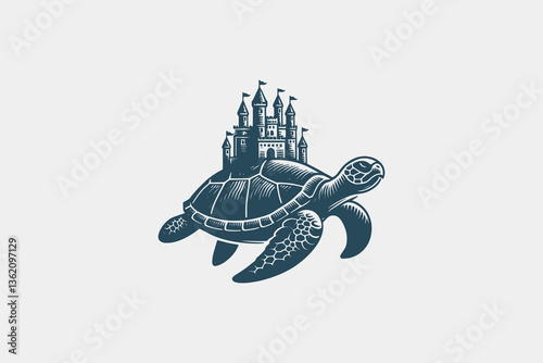  A giant sea turtle with a castle on its shell, vintage style