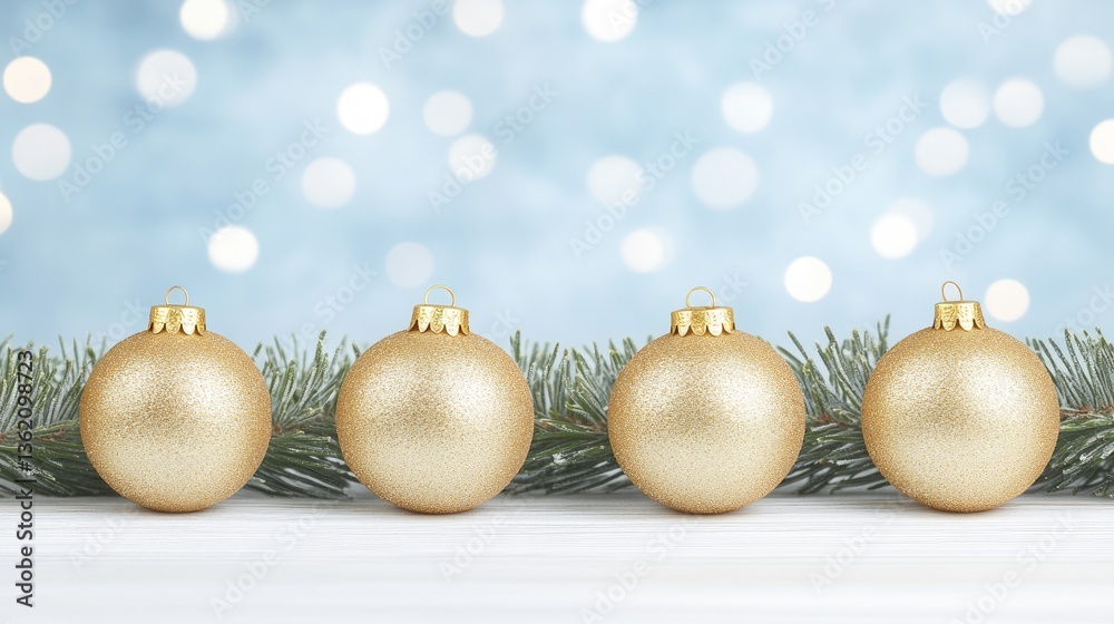 Four Golden Christmas Ornaments on a Snowy Surface Four Golden Christmas Ornaments on a Snowy Surface