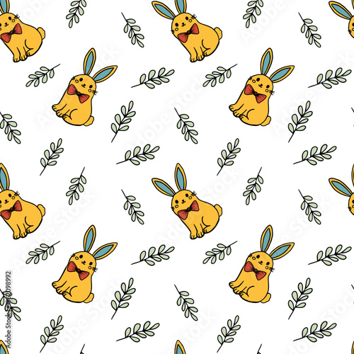 Seamless pattern Ester with hares and a delicate branch with green leaves. Soft pastel spring colors, light and airy design, festive and cheerful mood.