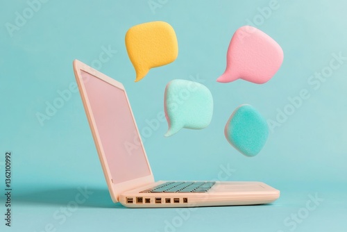 The illustration features a modern laptop computer on a blue background with reflection, along with white empty speech bubbles, to convey the concept of communication technology, social networking,