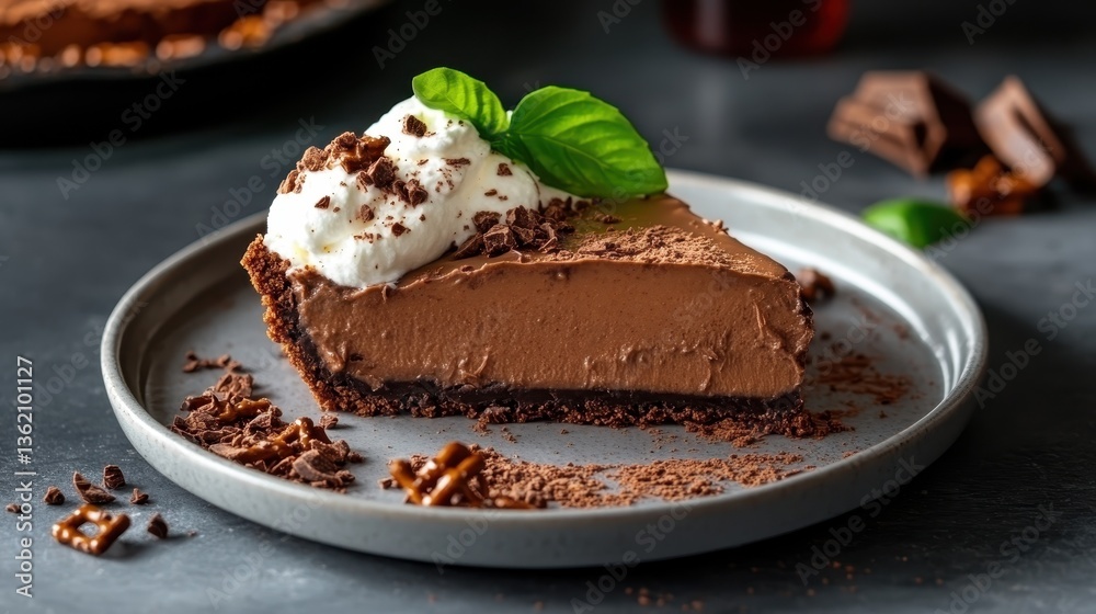A luscious chocolate cream pie adorned with fluffy whipped cream, garnished with chocolate shavings and mint leaves, perfect for any dessert lover's delight. A luscious chocolate cream pie adorned with fluffy whipped cream, garnished with chocolate shavings and mint leaves, perfect for any dessert lover's delight.