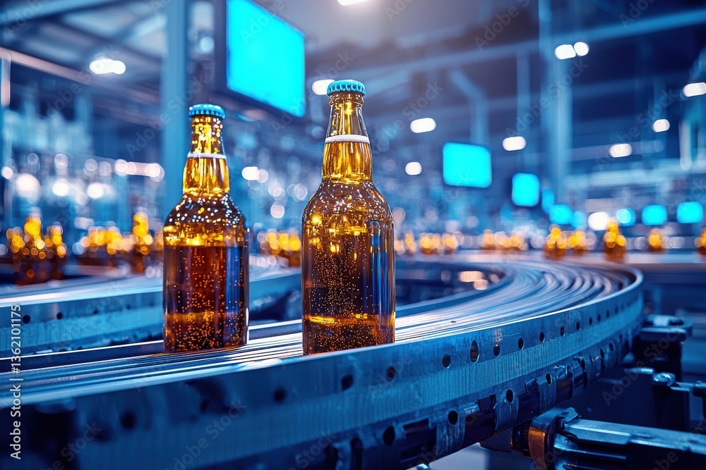 Close-up of beer bottles moving on a conveyor belt in a bottling plant, with blue and yellow tones and industry equipment in the background during the day. Close-up of beer bottles moving on a conveyor belt in a bottling plant, with blue and yellow tones and industry equipment in the background during the day.