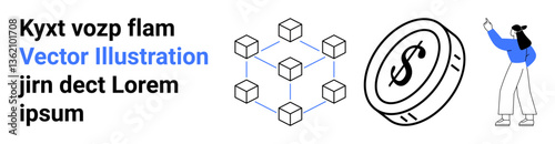 Blockchain cube network, dollar coin, person pointing at text. Ideal for blockchain, cryptocurrency, fintech, finance, investment, technology infographics simple landing page