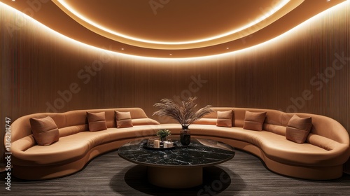 A sophisticated business lounge with an earthy color palette, plush modular seating, a round black marble coffee table, and dynamic photo