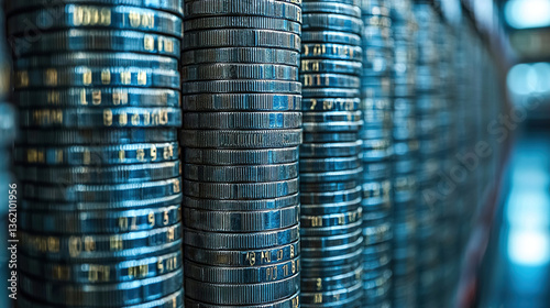 Rows of stacked coins showcasing patterns and textures in a detailed close-up view in a financial setting