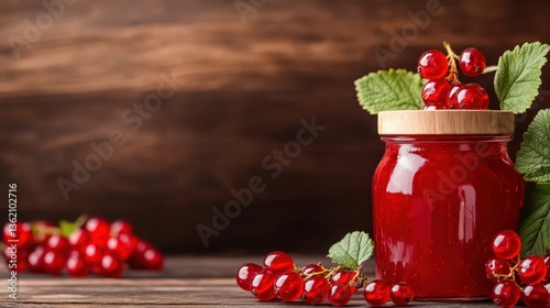 This image showcases a beautifully arranged jar of red berry jam, elegantly presented with fresh red currants and green leaves on a rustic wooden background.