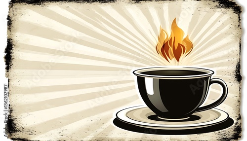 Hot coffee cup with flame, retro style.