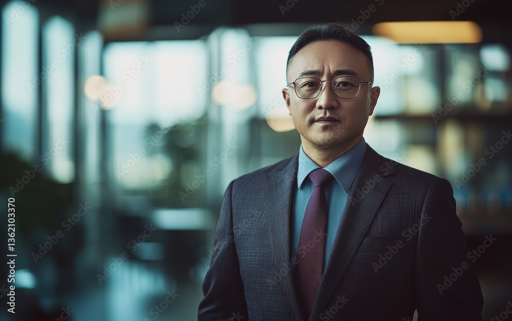 Fototapeta premium Dramatic high-fashion professional portrait of an East Asian CEO in deep plum, softly blurred high-tech corporate lounge