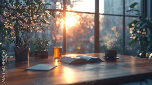 A minimalist Zen-inspired workspace, featuring an open book, a steaming cup of tea, and a peaceful window view of cherry blossoms. 