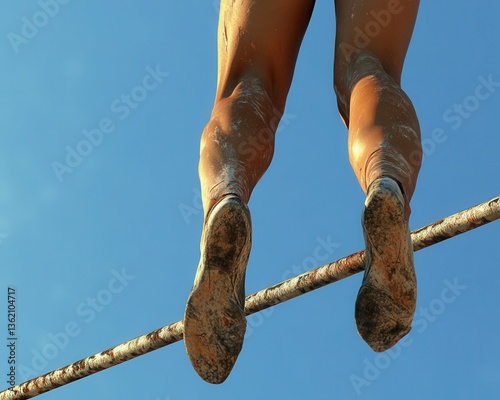 A pole vaulter jumping over the bar, with a clear blue sky in the background. Close-up of the legs and arms. 