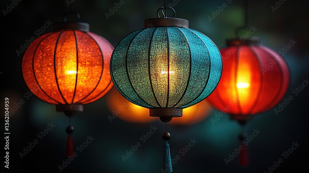 Obraz premium Colorful lanterns illuminate the evening in a vibrant outdoor setting