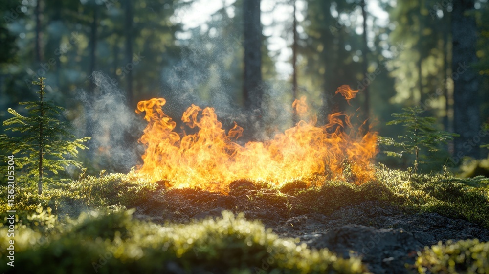 A vibrant forest fire burning amidst green moss and trees A vibrant forest fire burning amidst green moss and trees