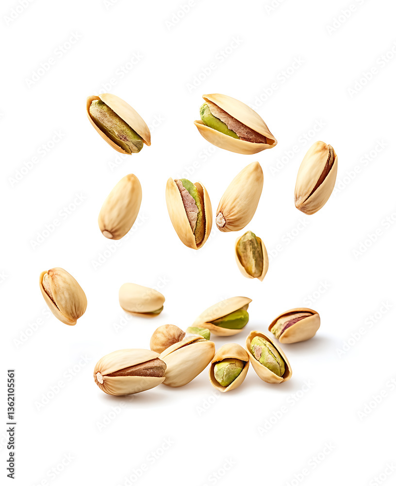 Fresh pistachios with shells open and falling with whole and broken nuts isolated on white background Fresh pistachios with shells open and falling with whole and broken nuts isolated on white background
