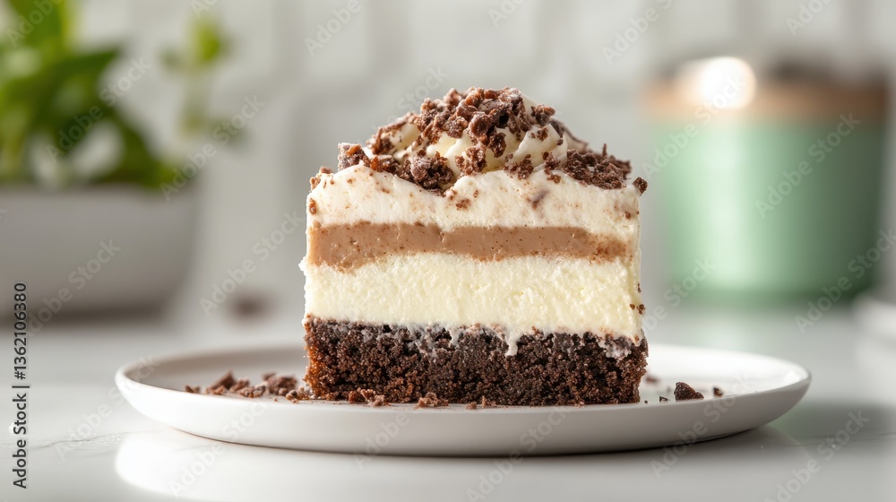 A tempting slice of triple layer chocolate dessert, featuring creamy textures and flavors, beautifully arranged to entice the senses and celebrate delicious indulgence. A tempting slice of triple layer chocolate dessert, featuring creamy textures and flavors, beautifully arranged to entice the senses and celebrate delicious indulgence.