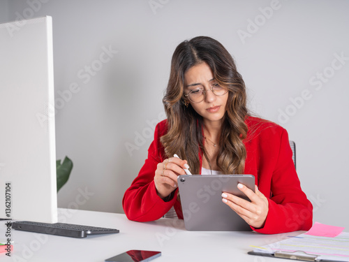 Serious caucasian brunette business woman wearing glasses holding tablet using digital pencil writing feels stressed works on financial documents online at desk in modern office wear formal jacket.