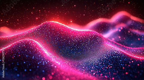 Vibrant abstract landscape of glowing particles in shades of pink and blue representing energy and movement at night