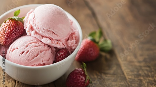 This photographic masterpiece features tasty strawberry ice cream scoops beside fresh strawberries in a bowl, exuding summer vibes and evoking pure joy and sweetness.