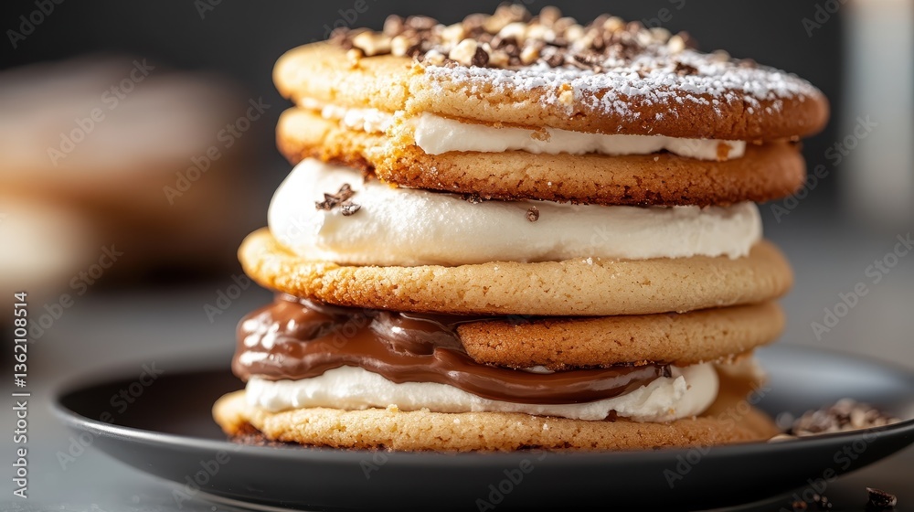 A delightful stack of cookies filled with rich cream and chocolate is beautifully arranged, highlighting their charming textures and inviting flavors for cookie lovers. A delightful stack of cookies filled with rich cream and chocolate is beautifully arranged, highlighting their charming textures and inviting flavors for cookie lovers.