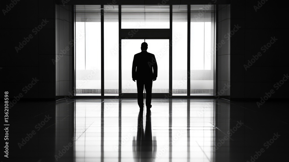 Silhouette of a Businessman Contemplating Near a Large Window Silhouette of a Businessman Contemplating Near a Large Window
