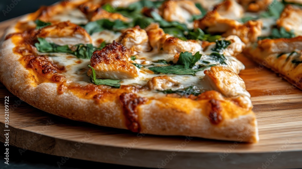 An appetizing close-up of a chicken spinach pizza on a wooden board, highlighting its melted cheese, golden crust, and vibrant green spinach leaves, showcasing a gourmet treat. An appetizing close-up of a chicken spinach pizza on a wooden board, highlighting its melted cheese, golden crust, and vibrant green spinach leaves, showcasing a gourmet treat.