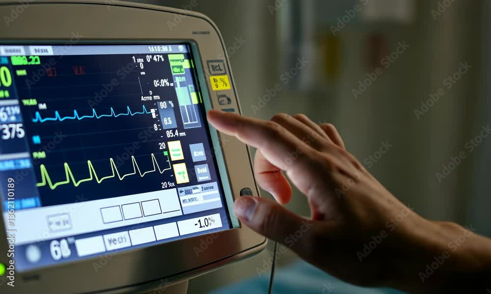 Hand adjusting settings on medical monitor displaying vital signs in hospital setting