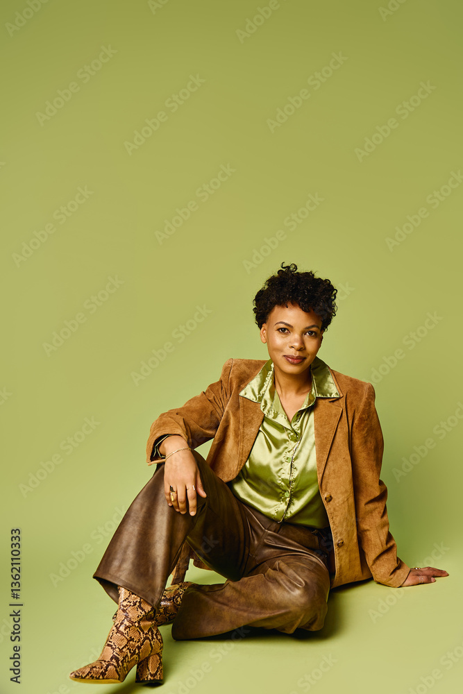 Obraz premium Stylish African American woman showcasing trendy fashion against a vibrant green backdrop