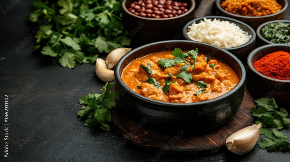 An inviting bowl of creamy chicken curry garnished with fresh cilantro, surrounded by flavorful ingredients, representing the joy of shared meals and comforting home recipes. An inviting bowl of creamy chicken curry garnished with fresh cilantro, surrounded by flavorful ingredients, representing the joy of shared meals and comforting home recipes.