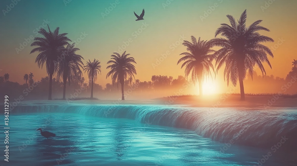 Fototapeta premium Tropical sunset beach wave paradise; bird, calm ocean