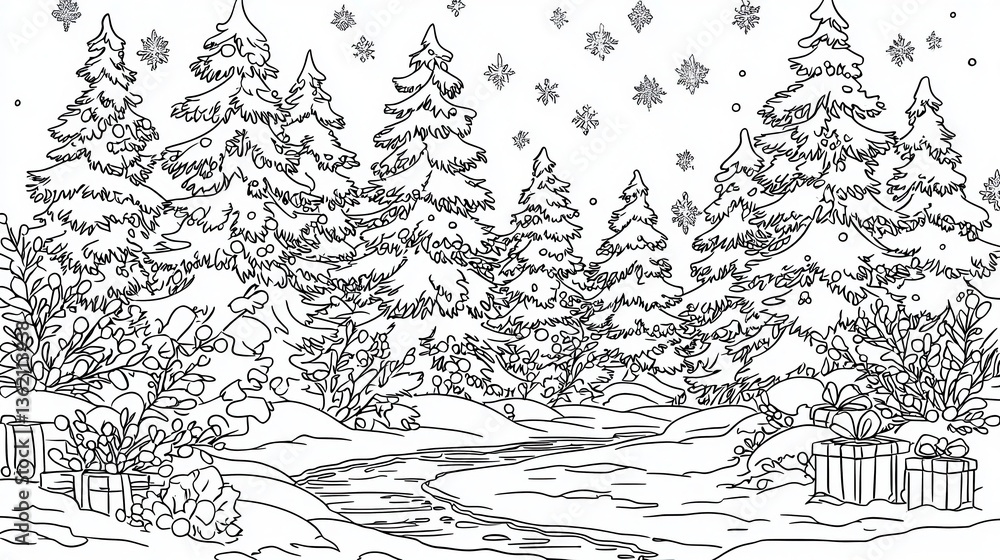 Fototapeta premium A whimsical coloring page invites young artists to bring Santa’s snowy forest to life, featuring twinkling presents beneath a frosty evergreen. 