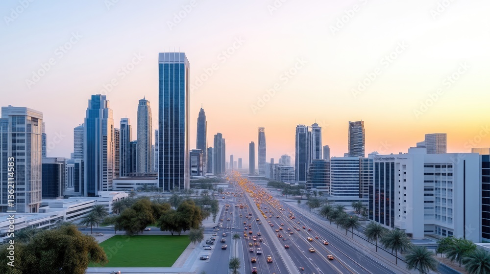 Fototapeta premium Modern cityscape at dawn with a bustling highway. High-rise buildings line the horizon, showcasing urban development. A wide avenue with many vehicles creates a vibrant scene