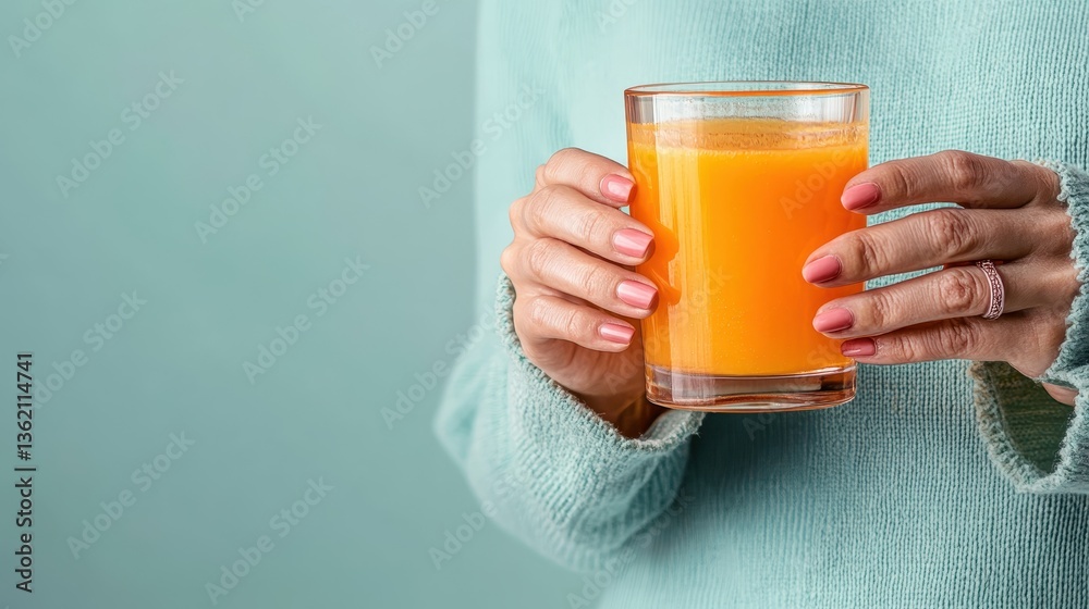 A close-up of a refreshing orange juice glass held elegantly, showcasing the vibrant color against a soft pastel background that enhances a refreshing feel. A close-up of a refreshing orange juice glass held elegantly, showcasing the vibrant color against a soft pastel background that enhances a refreshing feel.